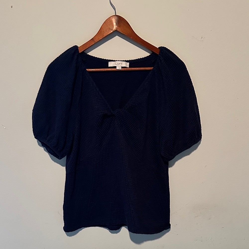 LOFT Dark Blue Textured Puff Sleeve Blouse